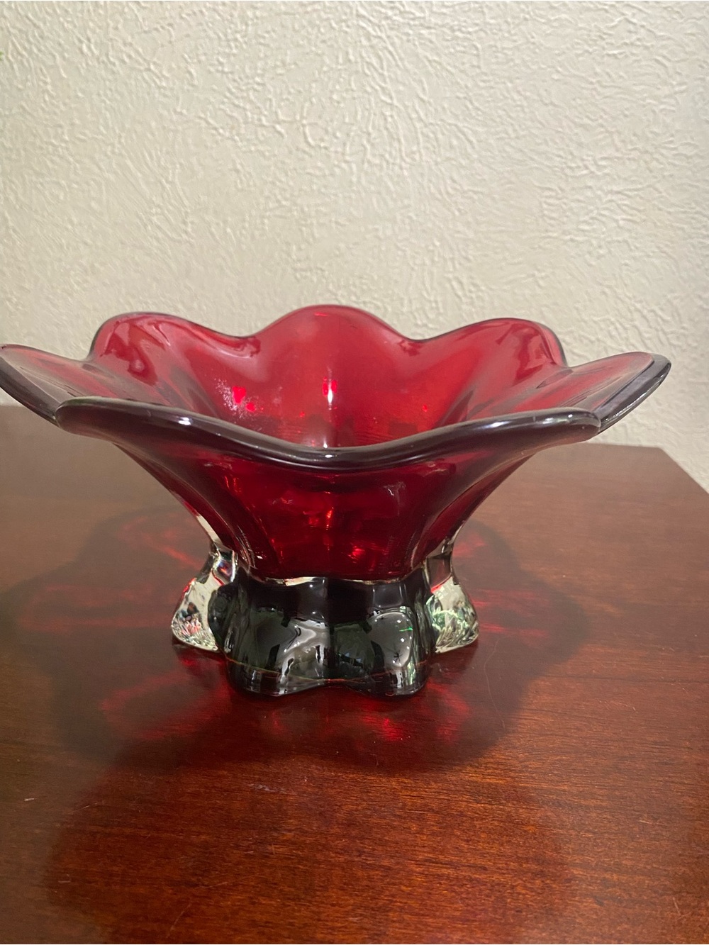 Vintage, Ruby Red Footed Art Glass Decretive Bowl with Contrasting Green Base